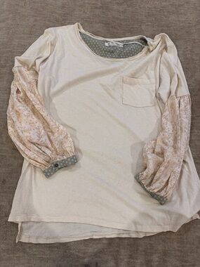 We The Free Cream Long Sleeve Tee with Pink Floral Balloon Sleeves